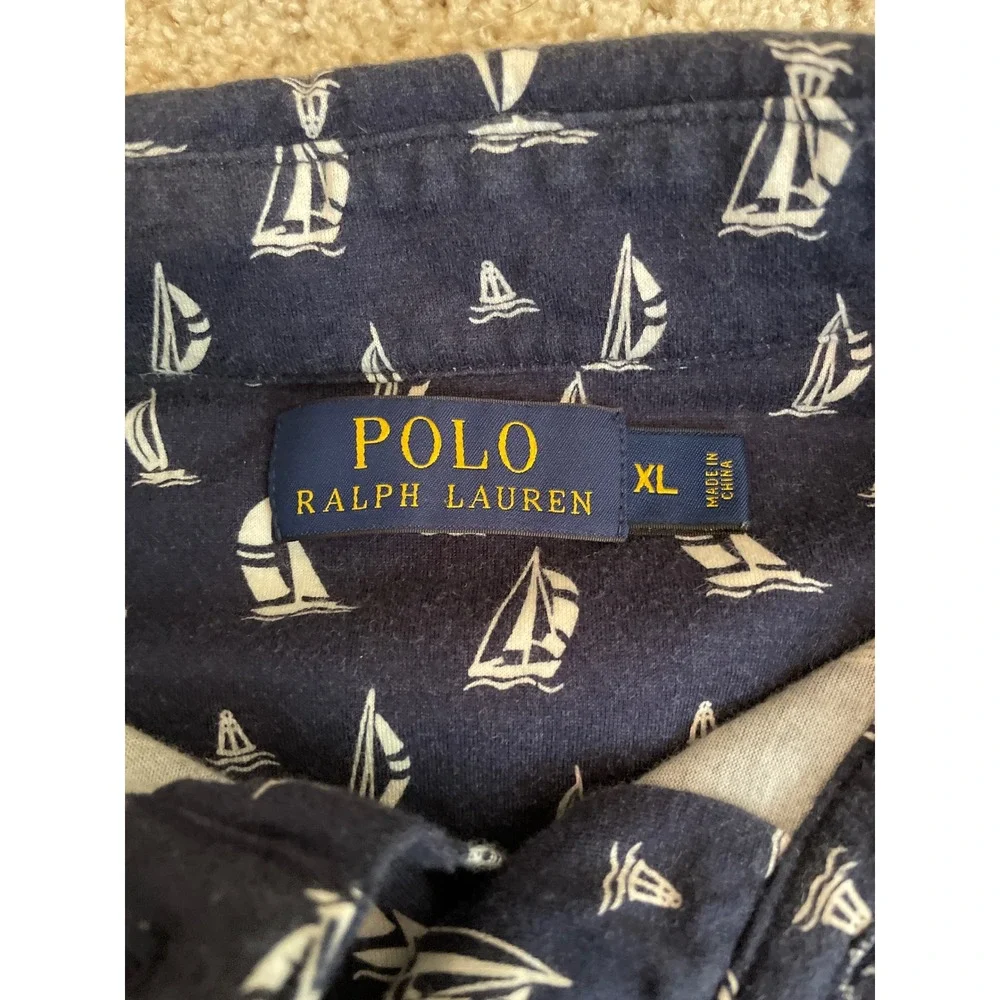 Polo Ralph Lauren Men's Polo Shirt XL Navy Blue Sailboat AOP Print Short Sleeve